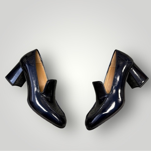 AQUATALIA Michelle Loafer Block Heels Black Patent Leather Pump Women's Size 10 - Picture 1 of 10